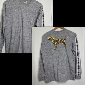 Pink Victoria’s Secret Gold Sequined Dog Long Sleeve Shirt Size Medium Gray